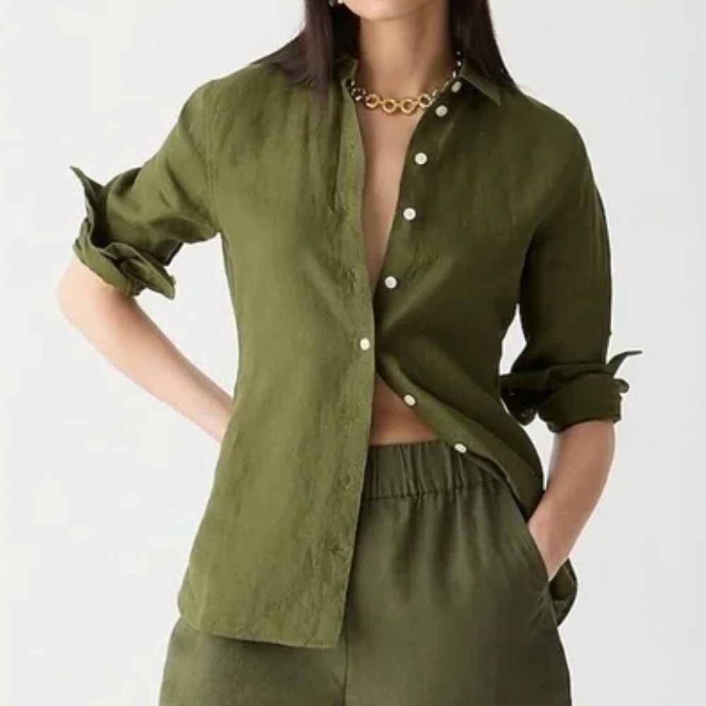 J. CREW Wren Slim Shirt Baird McNutt Irish Linen Olive Long Sleeve Button Down 4